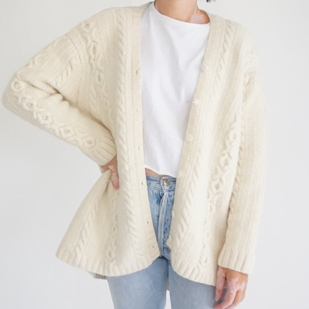 Vintage Cream Cable Knit Aran Fisherman Chunky Button Cottagecore Cardigan L